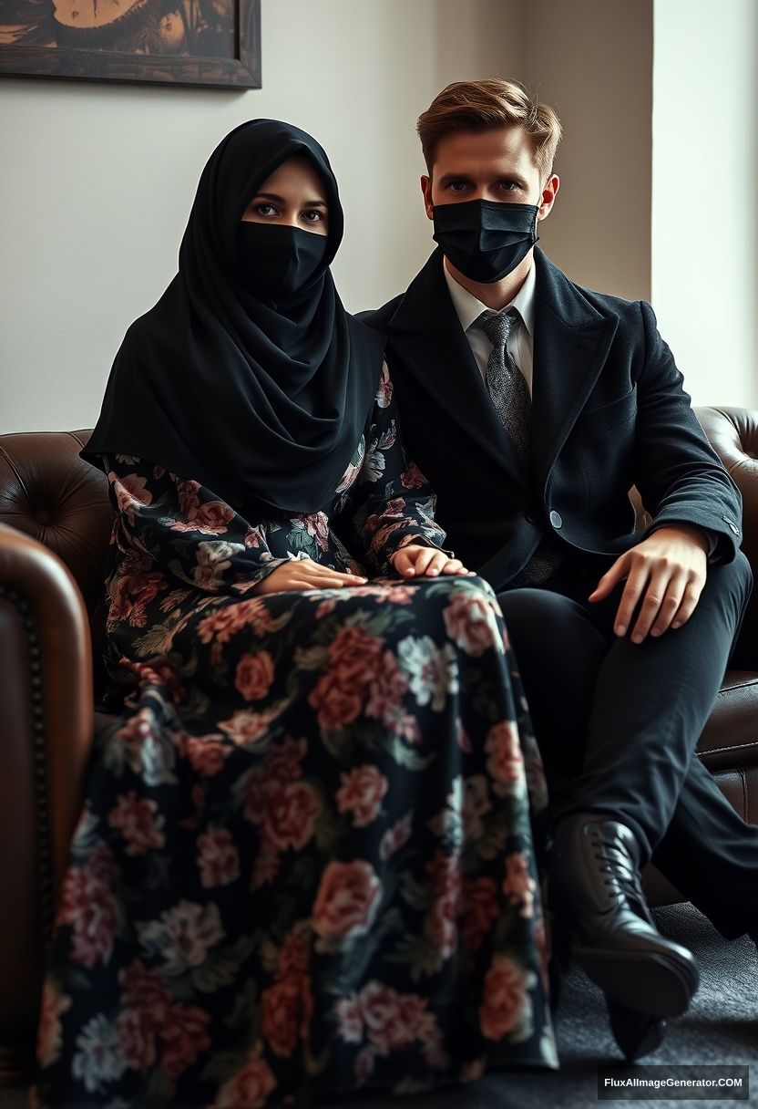 A biggest black hijab girl, slim girl, beautiful eyes, face mask black, biggest floral longest dress, sitting on leather single wing sofa,

Jamie Dornan, youngest, black coat, white shirt, grey pattern tie, black leather sneaker, tall man, face mask black, fit tough body, sitting near her,

hyper realistic, studio photography.