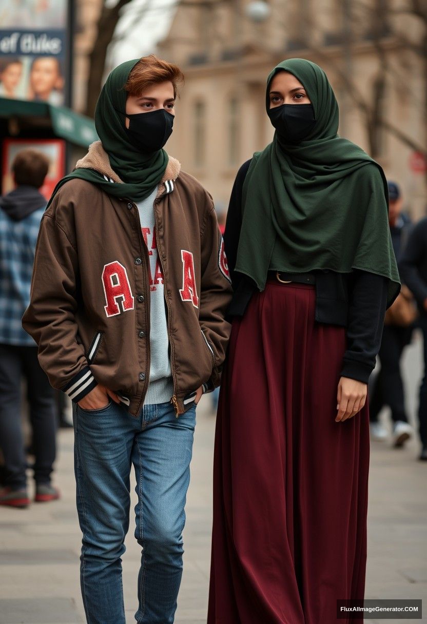 Jamie Dornan, young, black face mask, capital A collage jacket, jeans, red sneakers, dating, love, romantic with the biggest army green hijab, beautiful eyes, black face mask, college jacket, longest skirt, photorealistic realistic, street photography, full photography. - Image