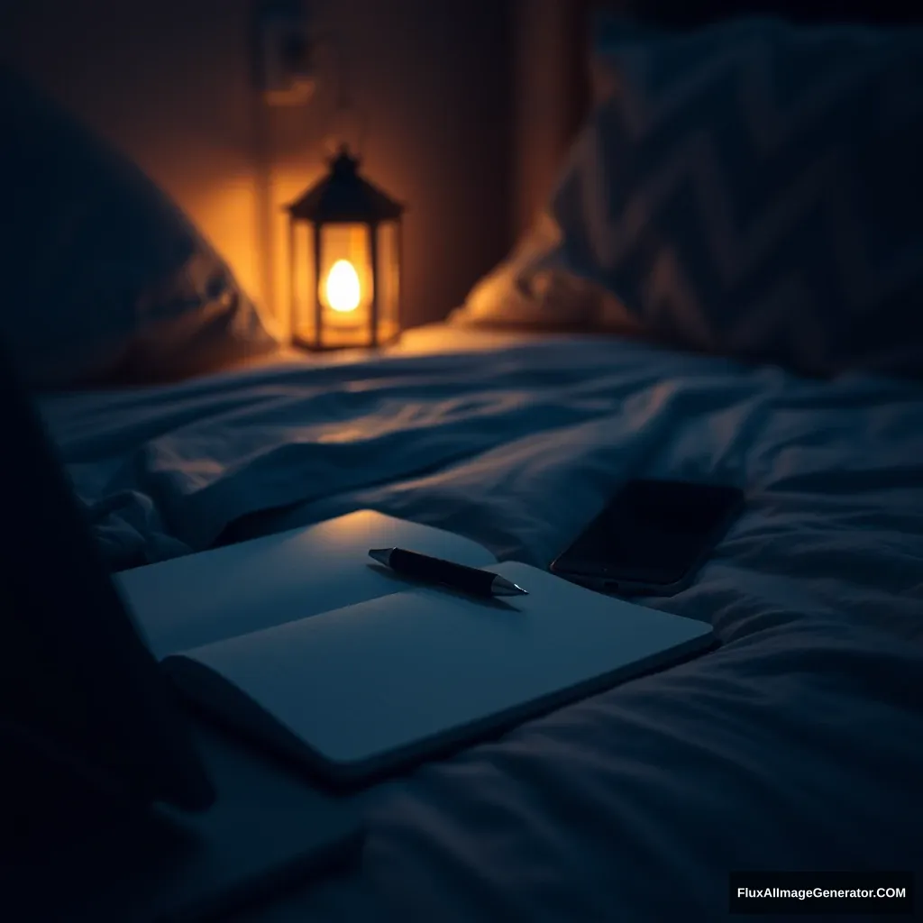 On a laptop, notebook, a pen, phone, on the bed, hyper-realistic, studio photography, lantern light, gloomy. - Image