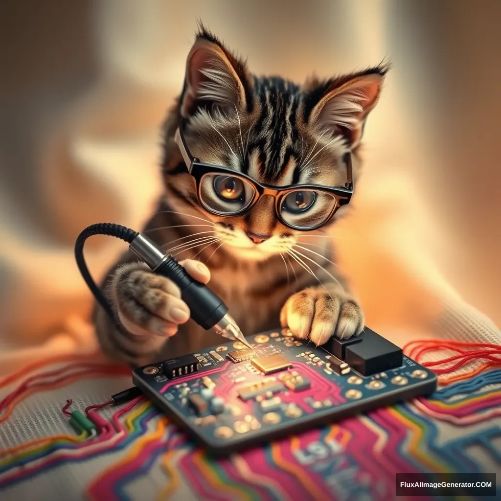 A mischievous tabby cat, wearing tiny spectacles, meticulously solders a circuit board with a miniature iron. Vibrant threads weave intricate patterns, mimicking electronic pathways. Soft fabric backdrop, warm lighting. Delicate French knots form components. Style: Hyper-realistic embroidery art, blending traditional craftsmanship with modern technology.