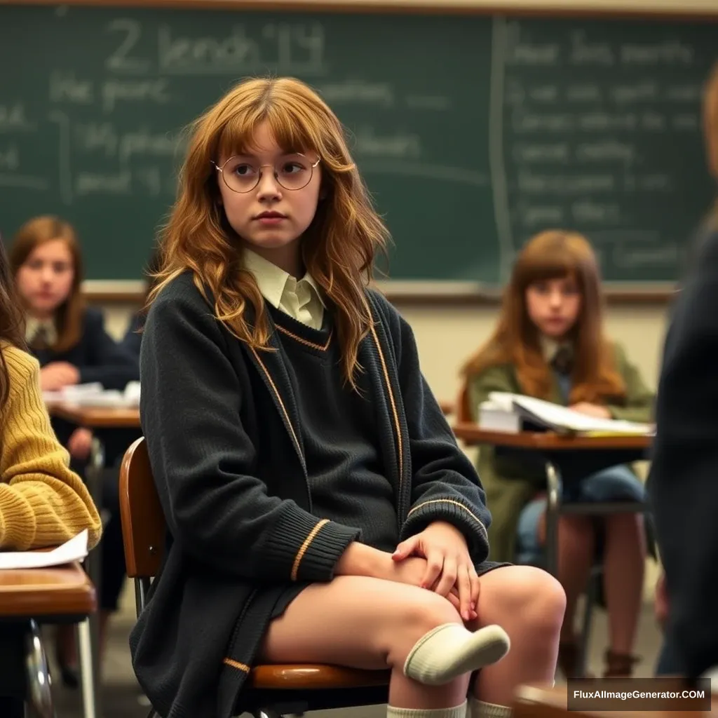 Hermione in class, wearing socks, no shoes.