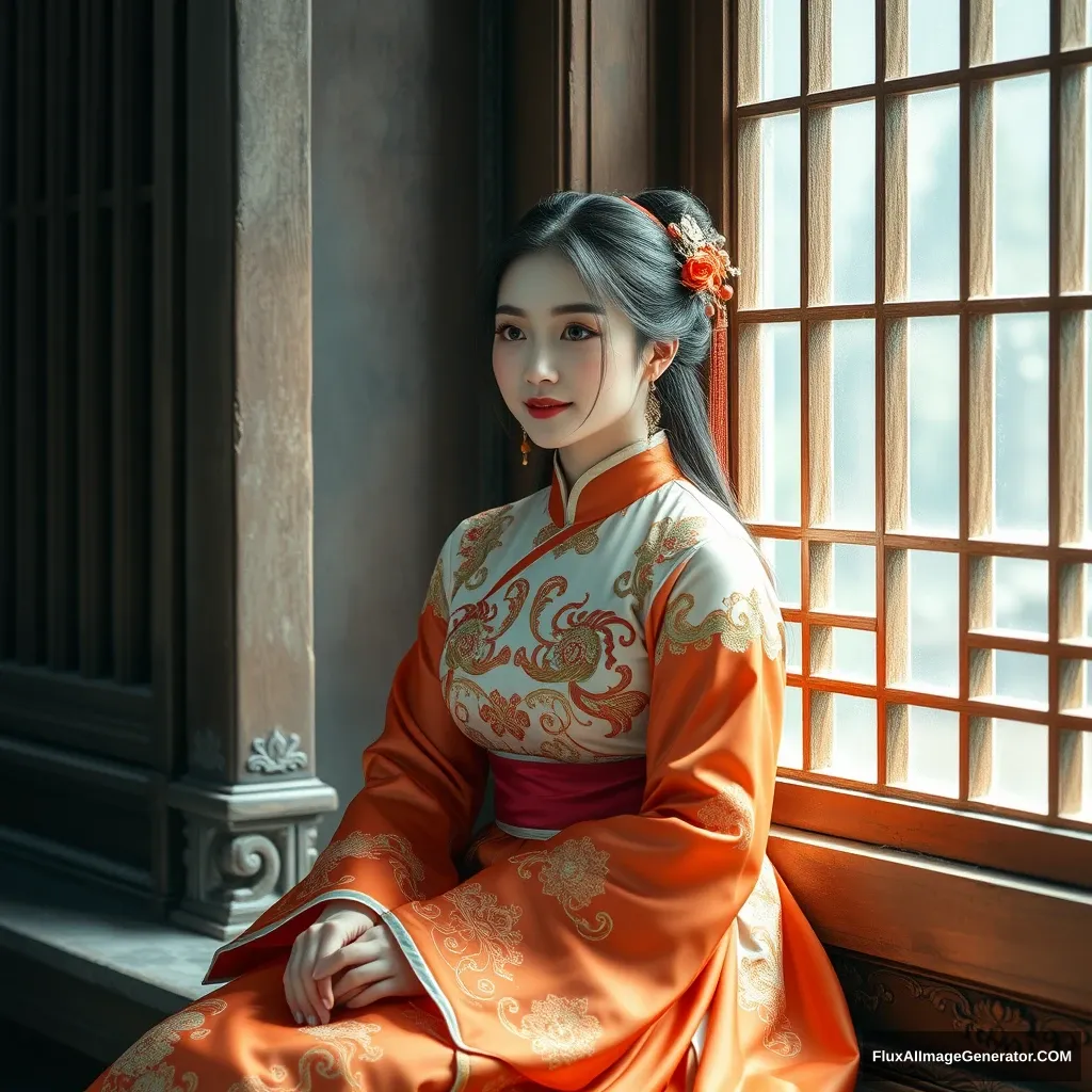 High definition, sitting by the ancient windowsill, there is a beauty in traditional Chinese costume with a Ding Dal lighting effect. - Image