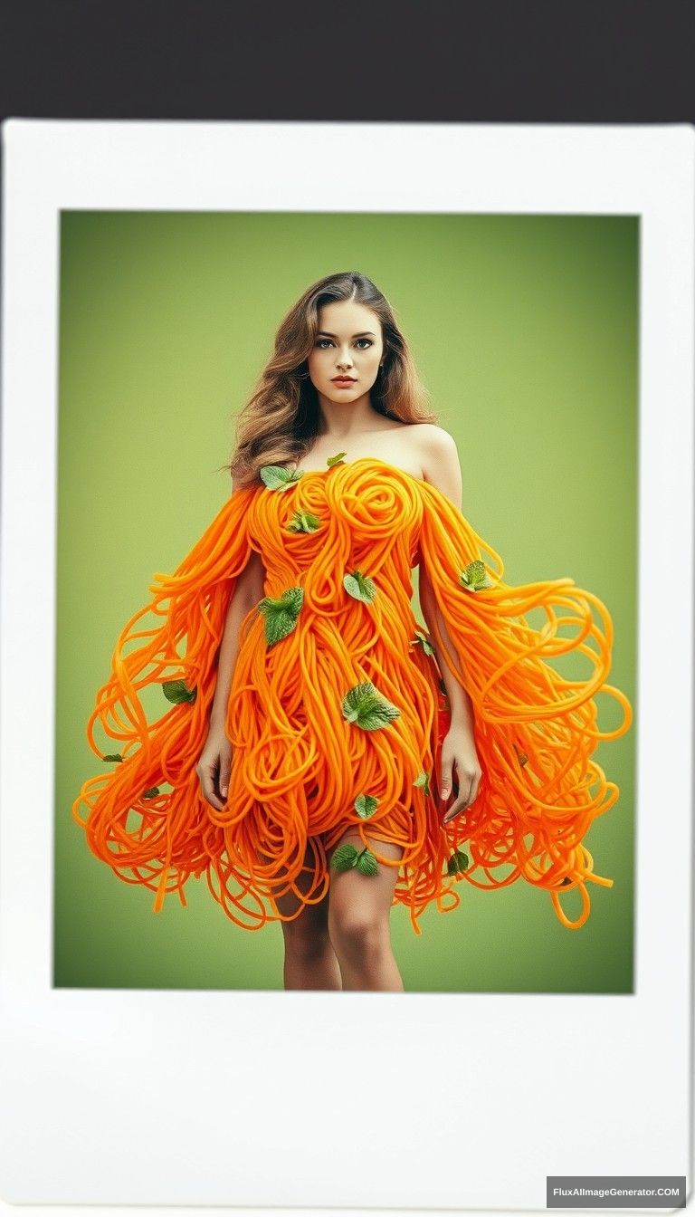 Blurry polaroid of photo, 1980s. A fashion model stands gracefully against a muted green background, wearing a striking dress made entirely of vibrant orange spaghetti noodles. The dress is intricately designed, with the noodles cascading and twisting around her figure, creating a unique and artistic silhouette. Delicate green mint leaves are scattered throughout the dress, adding a pop of color and a fresh touch. The model has long, wavy hair styled elegantly, and her expression is serene and confident. The lighting is soft, enhancing the textures of the noodles and the overall whimsical vibe of the outfit. - Image