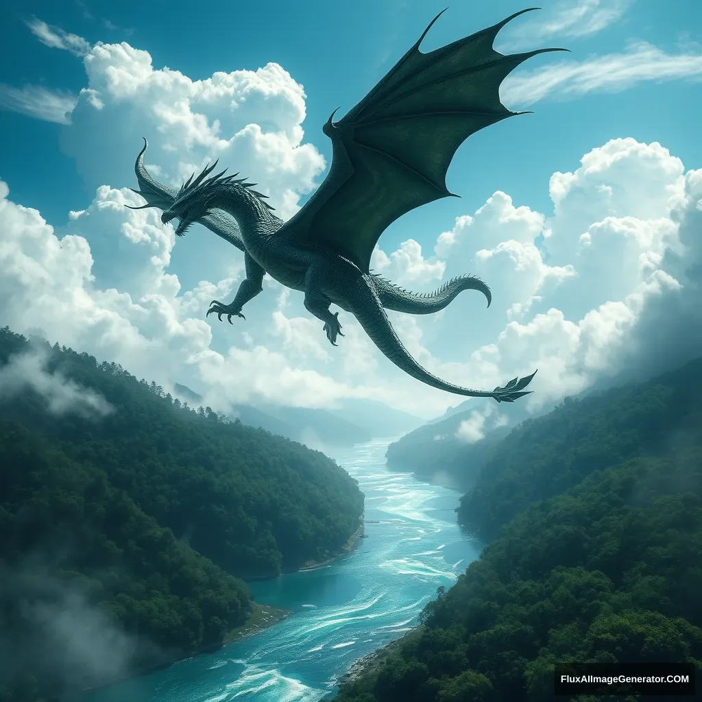 /imagine prompt: A western dragon soaring above a flowing river, its dark green scales and sharp claws visible, dramatic pose, viewed from the ground looking up. The river winds through a dense forest, with sunlight glinting off the water's surface and mist rising from the riverbank. The sky is filled with billowing clouds, creating a sense of movement and grandeur, hd quality, natural look --ar 16:9 --v 6.0 - Image