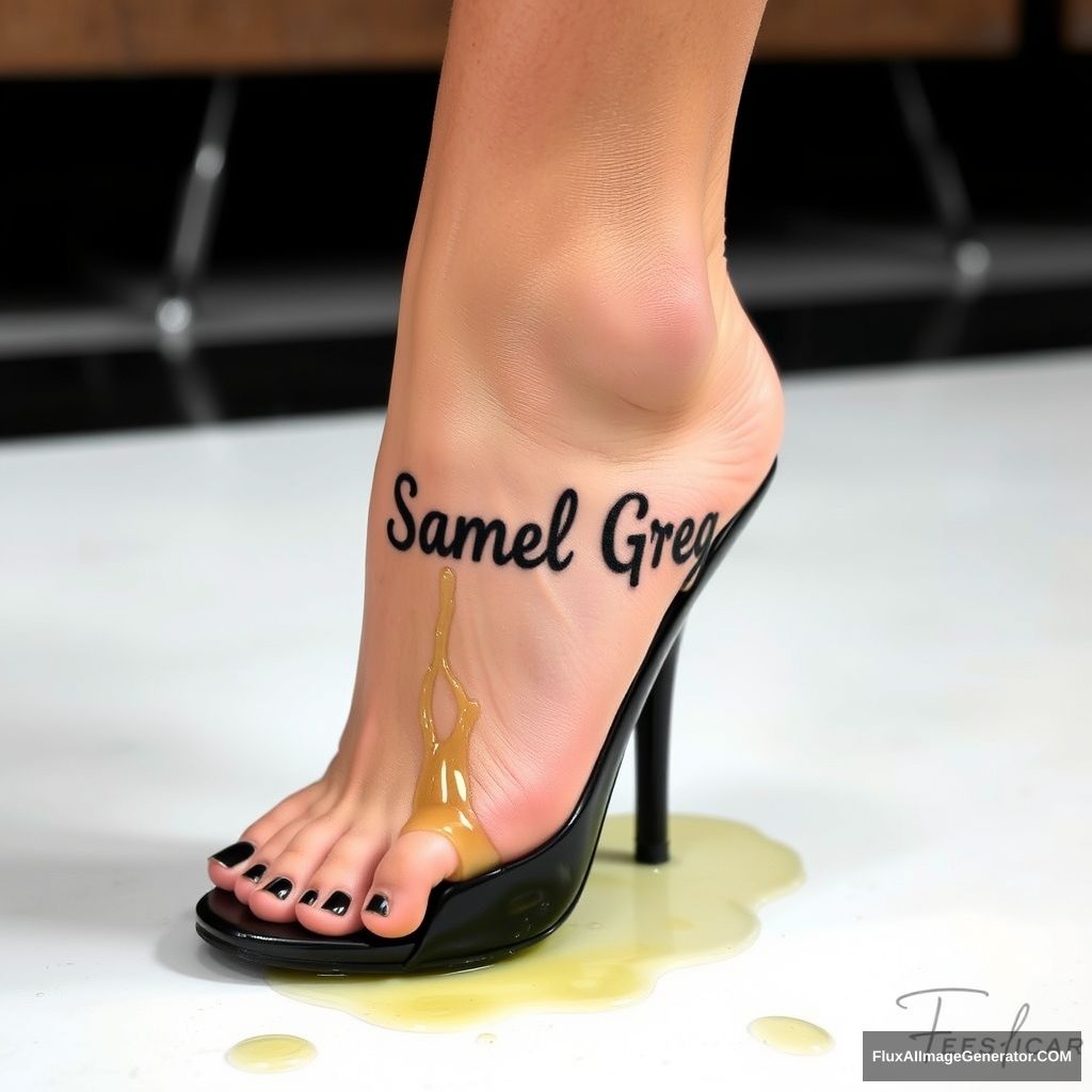 "The name 'Samuel Greg' on a woman's foot in a black high heel. There is oil all over the foot." - Image