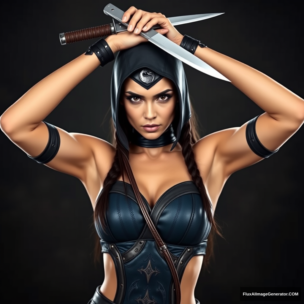 Kitana from Mortal Kombat as a real-life female, thin and toned, with her arms crossed above her head holding knives, hyper-realistic photo, dramatic.