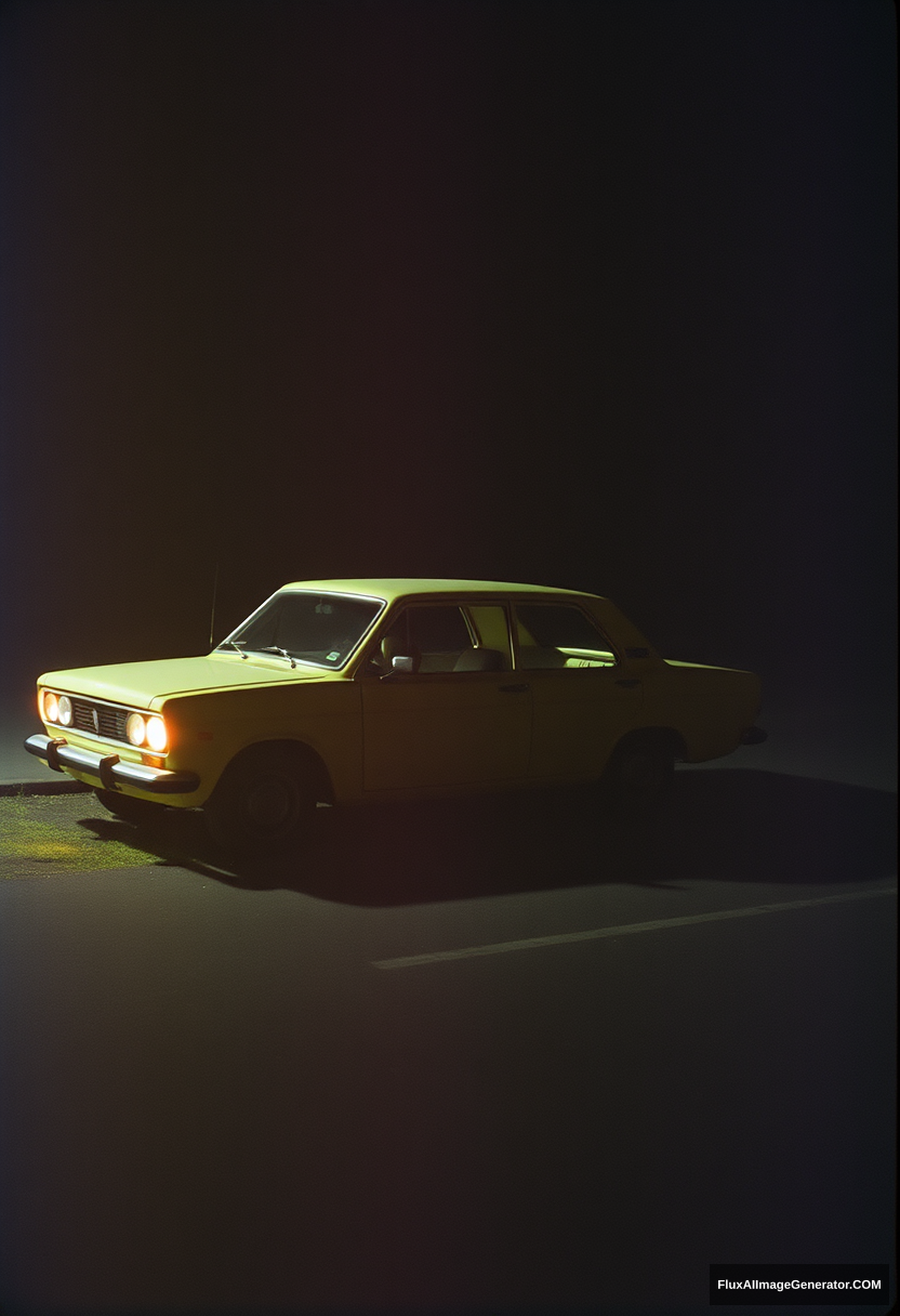 35mm photo taken with Leica m6, Kodachrome film, minimal photo, abandoned car, night, single source of lighting.