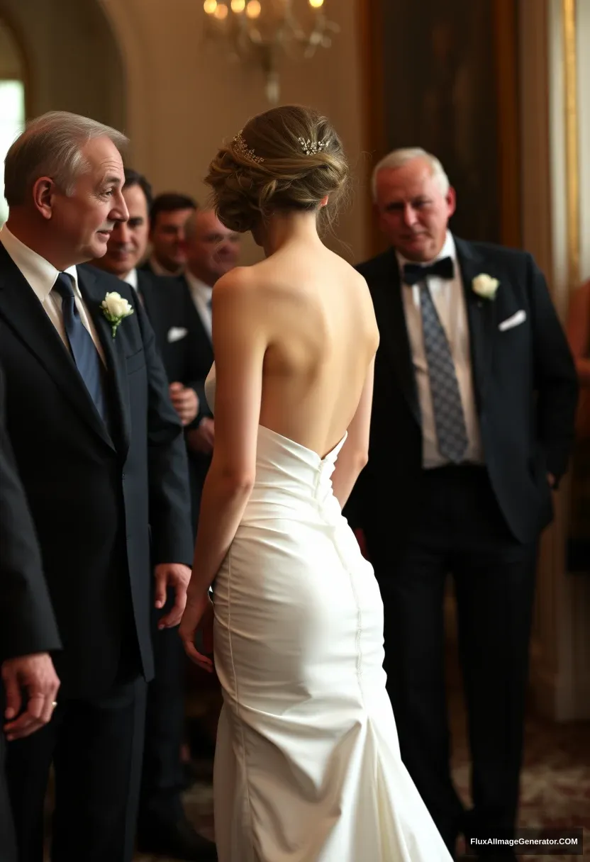 a short young woman, sensitive, delicate, backless strapless side-less low-waisted contouring wedding dress with loose front. Fawning obediently mingling with fathers. Expectations. Perfect posture. Pale skin. - Image