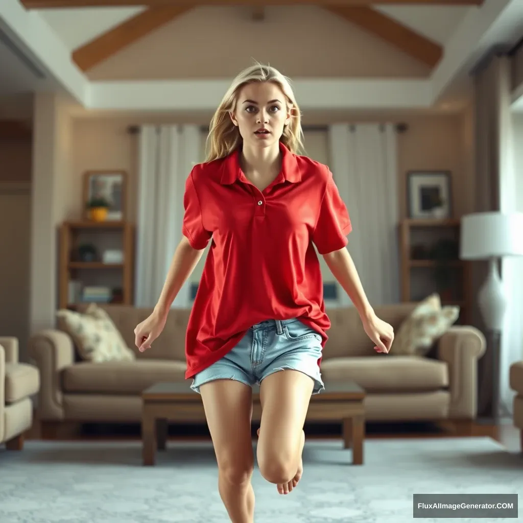 Front view of a blonde skinny woman who is in her early twenties is in her massive living room wearing a massively oversized red polo t-shirt which is a bit off balance on one of the shoulders and the bottom part of her t-shirt is also untucked. She is also wearing light blue denim shorts and has no shoes or socks. She faces the camera while looking scared and runs towards the camera with both her arms straight down. - Image