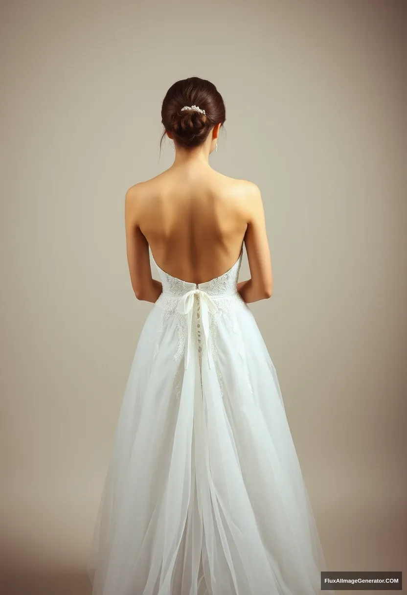 A young woman, sensitive, delicate, ashamed, wearing a backless, strapless, low-waisted, airy wedding dress. Symbolic.