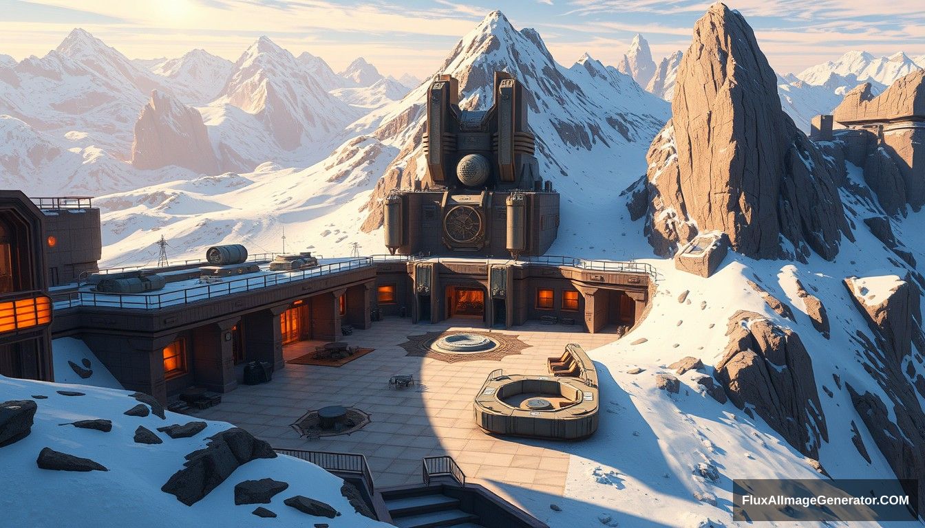 Cel shaded art, wide shot, a sci-fi center on the top of a snow mountain, open air, close look, cyberpunk, military base, Star Wars style, indoor, patio, morning, sunlight, fortress, mountain, rock, snow.