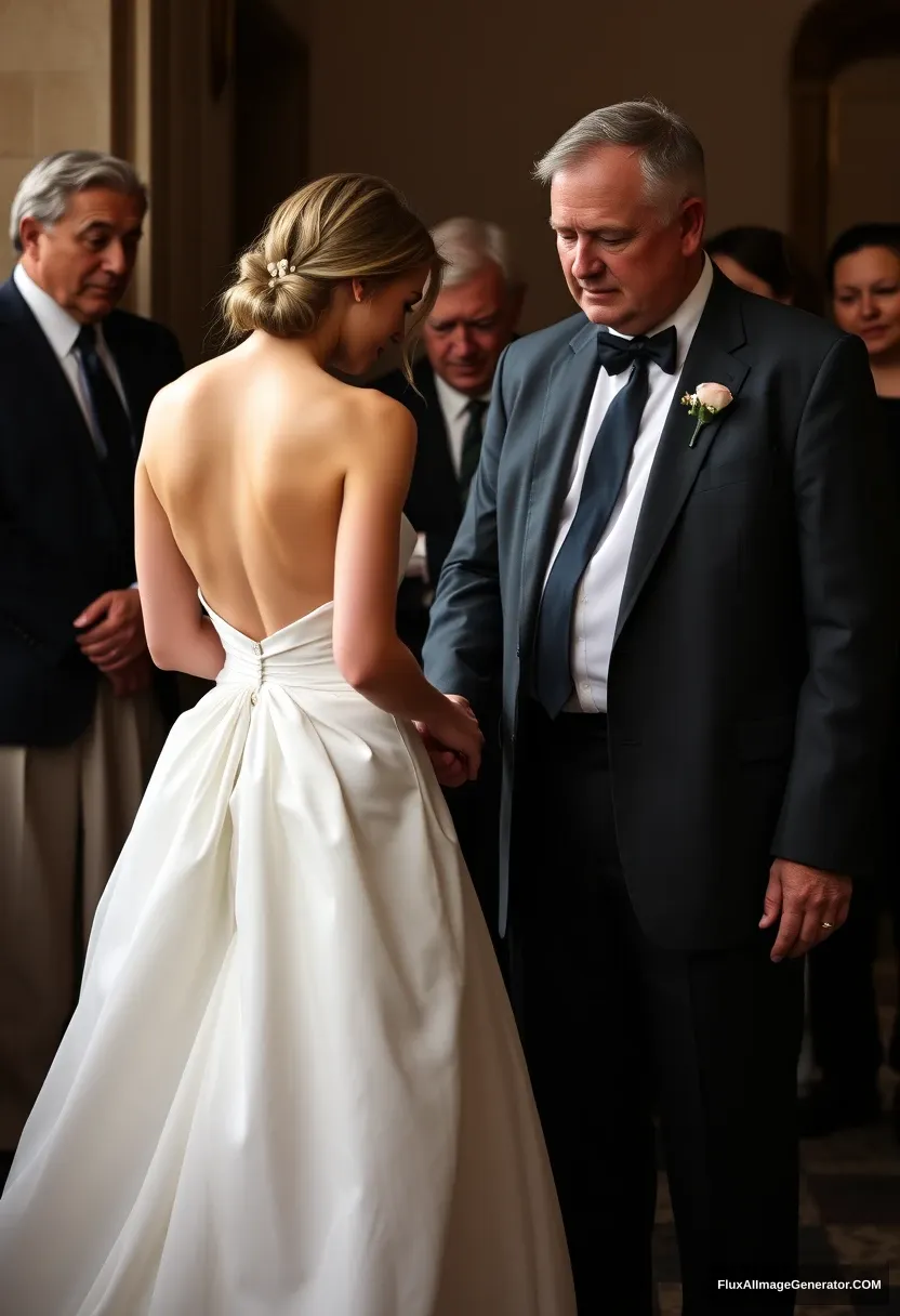 A short young woman, sensitive, delicate, backless strapless side-less low-waisted contouring wedding dress with a loose front and an open rear. Fawning obediently mingling with fathers. Expectations. Perfect posture. Pale skin.