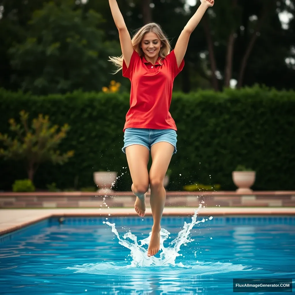 Front view of a young blonde skinny woman with a good tan, in her early twenties, standing in her large backyard. She is wearing an oversized red polo t-shirt, which is slightly off balance on one shoulder, and the bottom part of her t-shirt isn't tucked in. She has on medium-sized light blue denim shorts and is barefoot. She jumps into the pool with her arms raised in the air, creating a big splash as her legs go underwater.