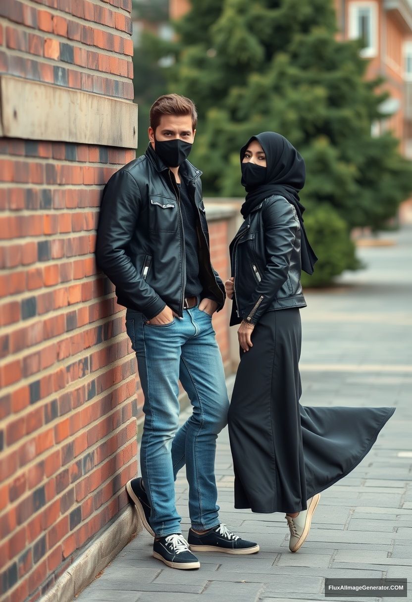 Jamie Dornan, handsome, young, black face mask, collage jacket, jeans, dating a beautiful Muslim girl wearing a black hijab with beautiful eyes, black face mask, black leather jacket, sneakers, the biggest longest skirt standing or lying against a brick wall, town, morning scenery, photorealistic, street photography. - Image