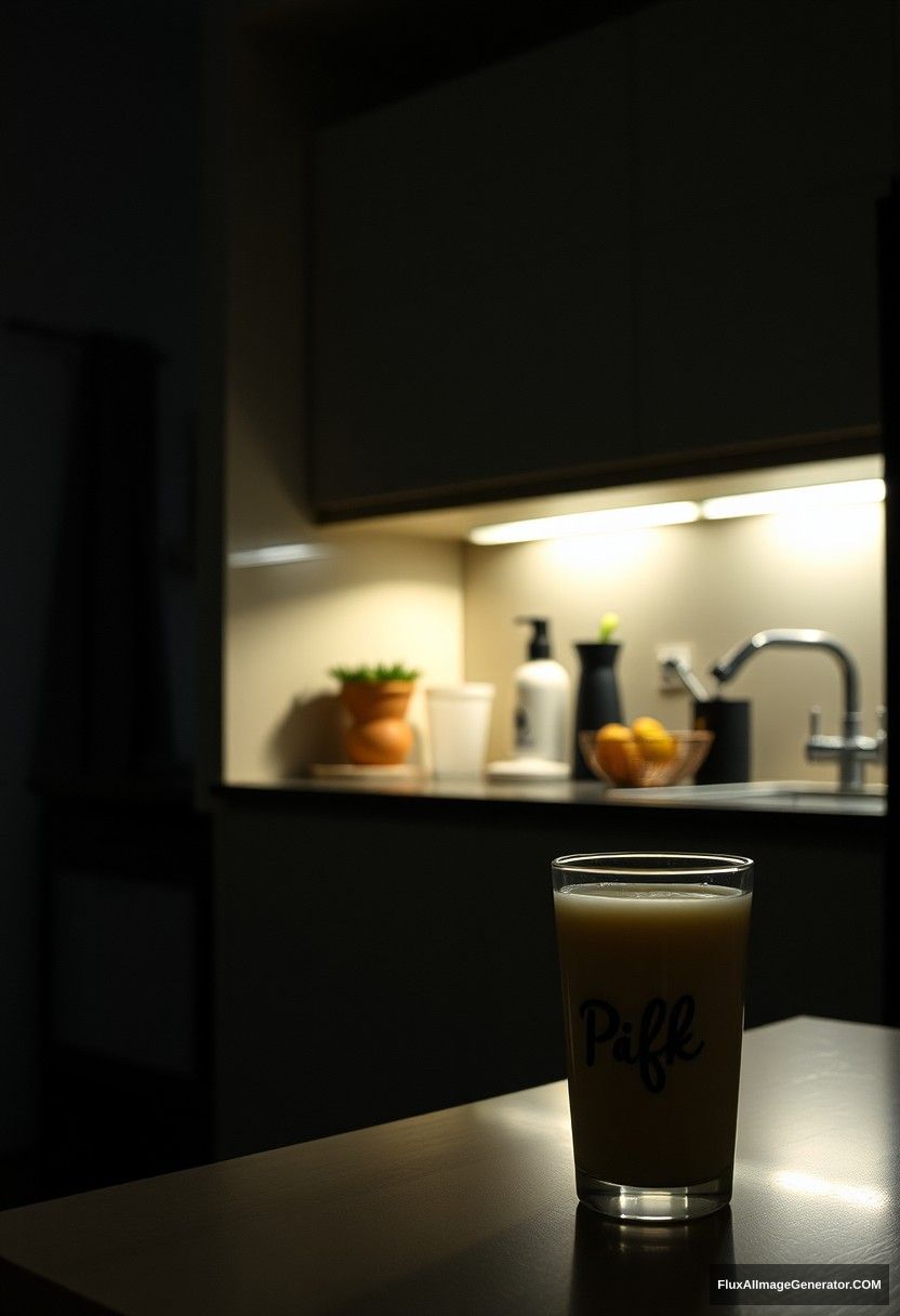 At a modern kitchen, at midnight, gloomy lighting lamp, fresh milk in a glass on a table.