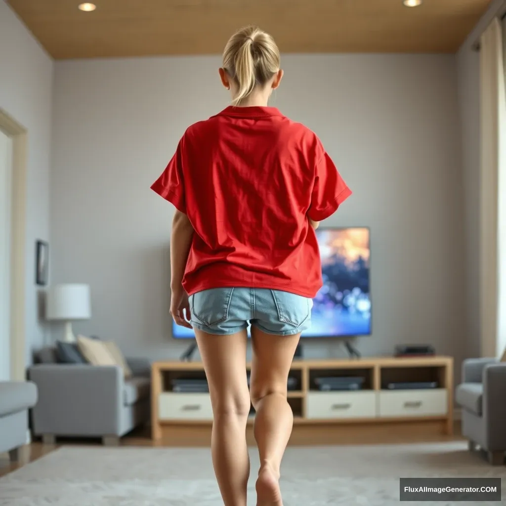 Back view of a young blonde skinny woman who is in her early twenties is in her massive living room wearing a massively oversized red polo t-shirt which is really off balance on one of the shoulders and the bottom part of her t-shirt is tucked in. She is also wearing light blue denim shorts and she is wearing no shoes or socks. She faces her TV with a shocked face and she dives into the magical TV head first. - Image