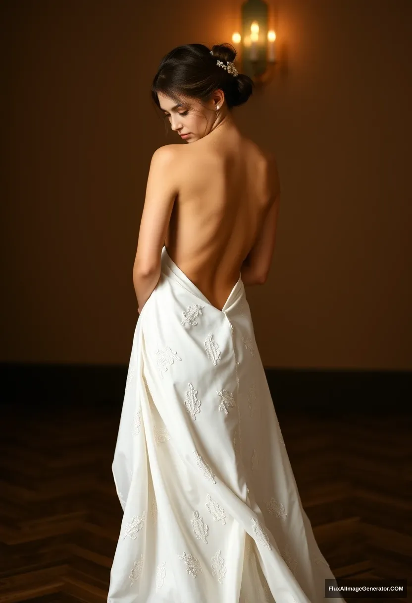 A short young woman, sensitive, delicate, ashamed, wearing a backless, strapless, side-less, low-waisted, spilling contouring wedding dress, in front of patriarchy, expectations.