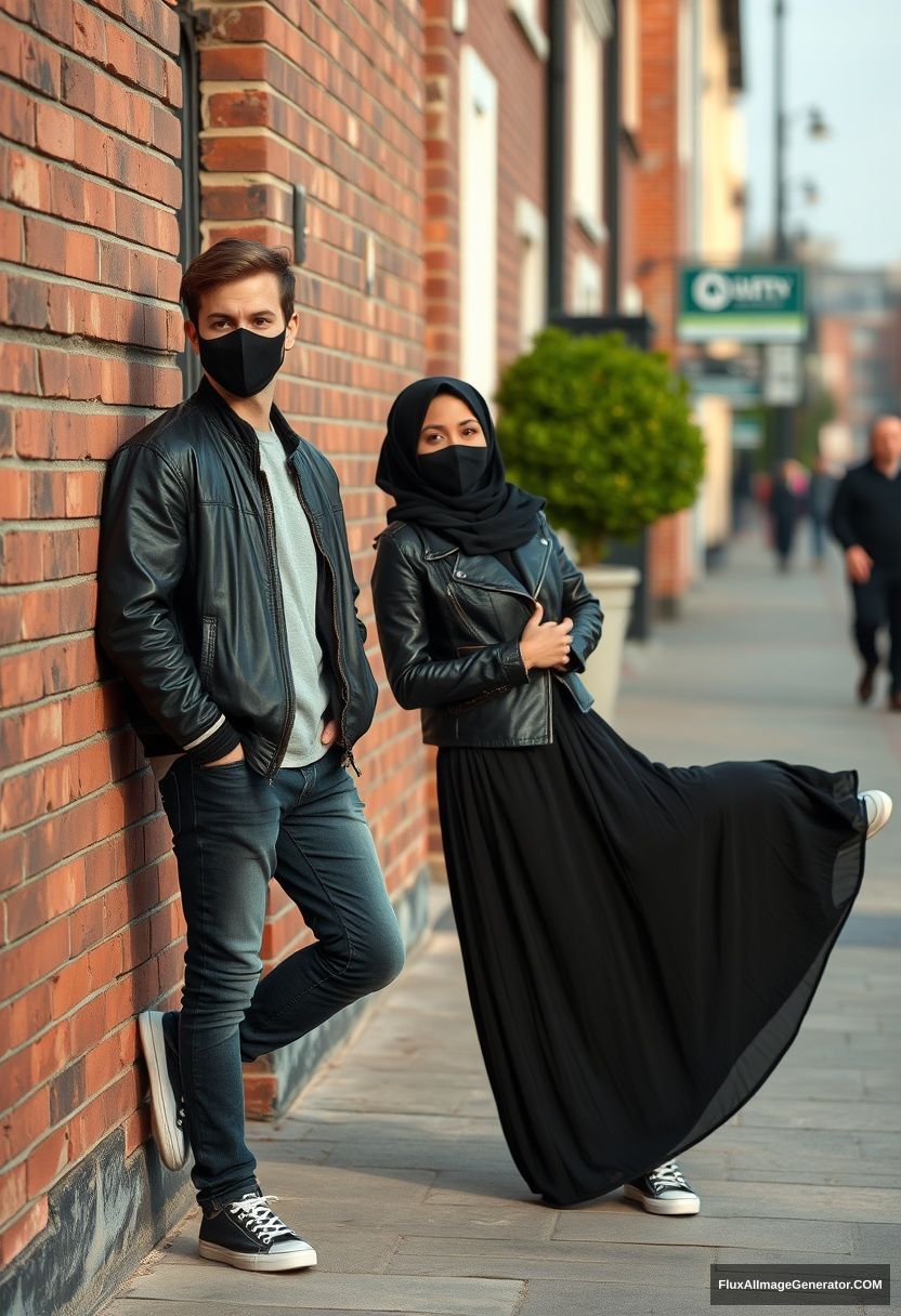 Jamie Dornan, handsome, young, wearing a black face mask, collage jacket, jeans, dating a beautiful Muslim girl in a black hijab with beautiful eyes, also wearing a black face mask, black leather jacket, sneakers, with the biggest longest skirt, standing and laying against a brick wall in town, morning scenery, photorealistic, street photography. - Image