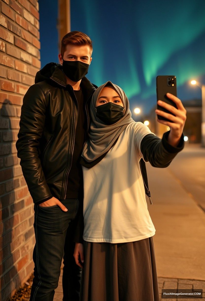 Jamie Dornan, tall, young, wearing a black face mask, white Nike t-shirt, and jeans, dating a beautiful Muslim girl in a grey hijab, with stunning eyes, also wearing a black face mask and a leather jacket, with a very long and large skirt, who is not tall. 

They are standing together in front of a brick wall in the town, in photorealistic street photography style, taking selfie photos in a night setting with the northern lights. - Image