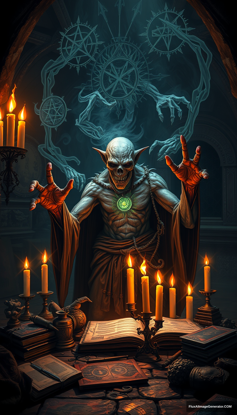 A grotesque human necromancer, half-transformed into a lich, performs an intricate summoning ritual. Arcane sigils float in the air, surrounded by flickering candles. Dark tendrils of necromantic energy swirl, merging fantasy and horror. Ancient tomes and occult artifacts scatter the shadowy chamber.