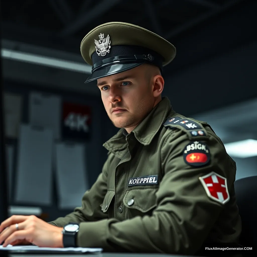 Swiss border guard, working at the desk, rank sergeant, his name is Koeppel, ultra 4K real. - Image