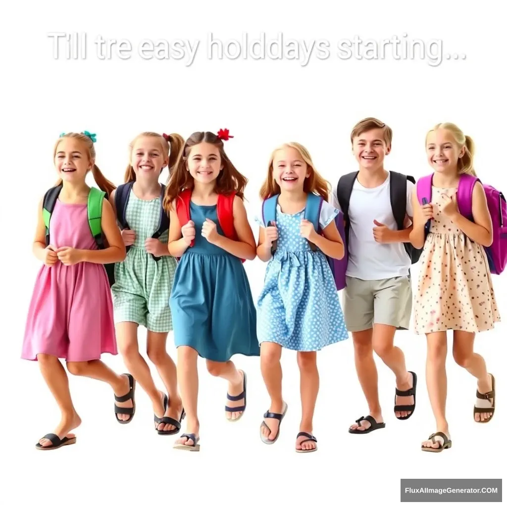 Create a photo with a group of 16-year-old teenage girls and some boys wearing dresses and sandals. They are joyfully walking towards the camera because the holidays are starting. They are carrying school backpacks and cheering. The background is white, no text. The children are fully visible. - Image