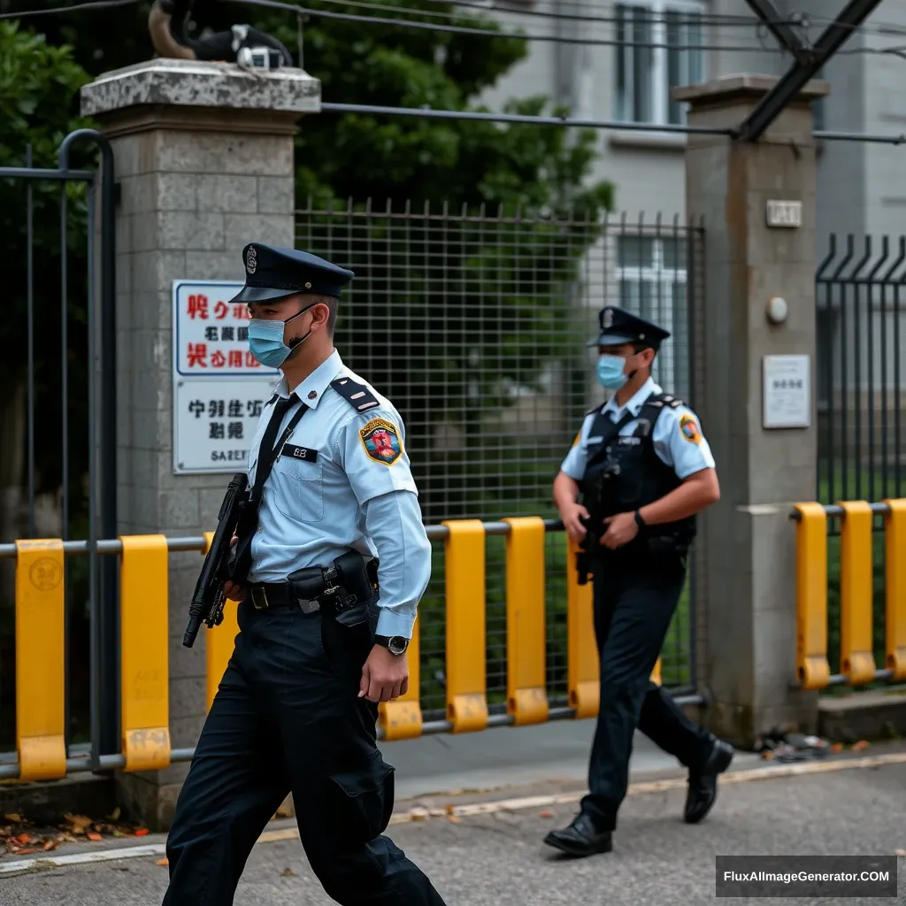 Hong Kong correctional officers patrol the perimeter area of a prison.