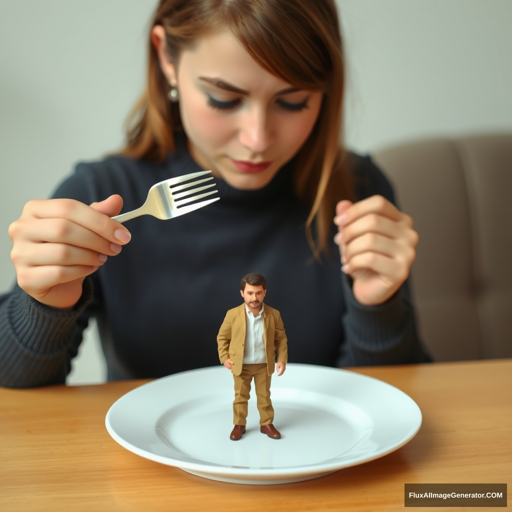 Young woman in front of an empty plate. The woman is looking down at the plate. The woman is holding a fork. The plate is on a table. There is a man (5 cm tall) on the plate. The clothes of the man are edible. - Image