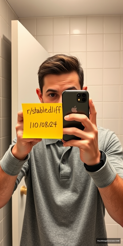 Man in a meticulously detailed bathroom, capturing a mirror selfie with the latest iPhone. He's holding a vibrant yellow post-it note displaying "r/stablediffusion" and "10/08/24". Hyper-realistic style with precise lighting, reflections, and textures. Verification-style composition, natural color palette. Subtle tension in expression, modern tech-savvy atmosphere.