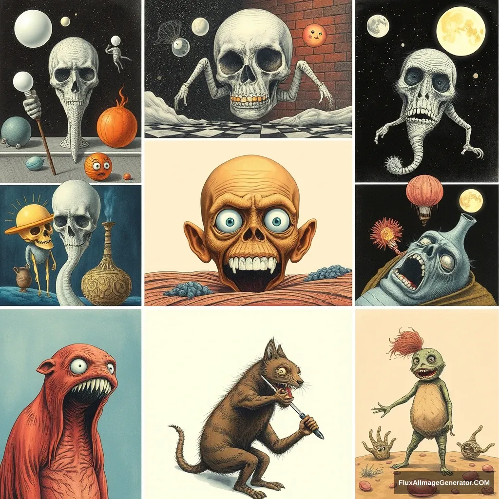 A collage of different extremely strange illustrations - Image