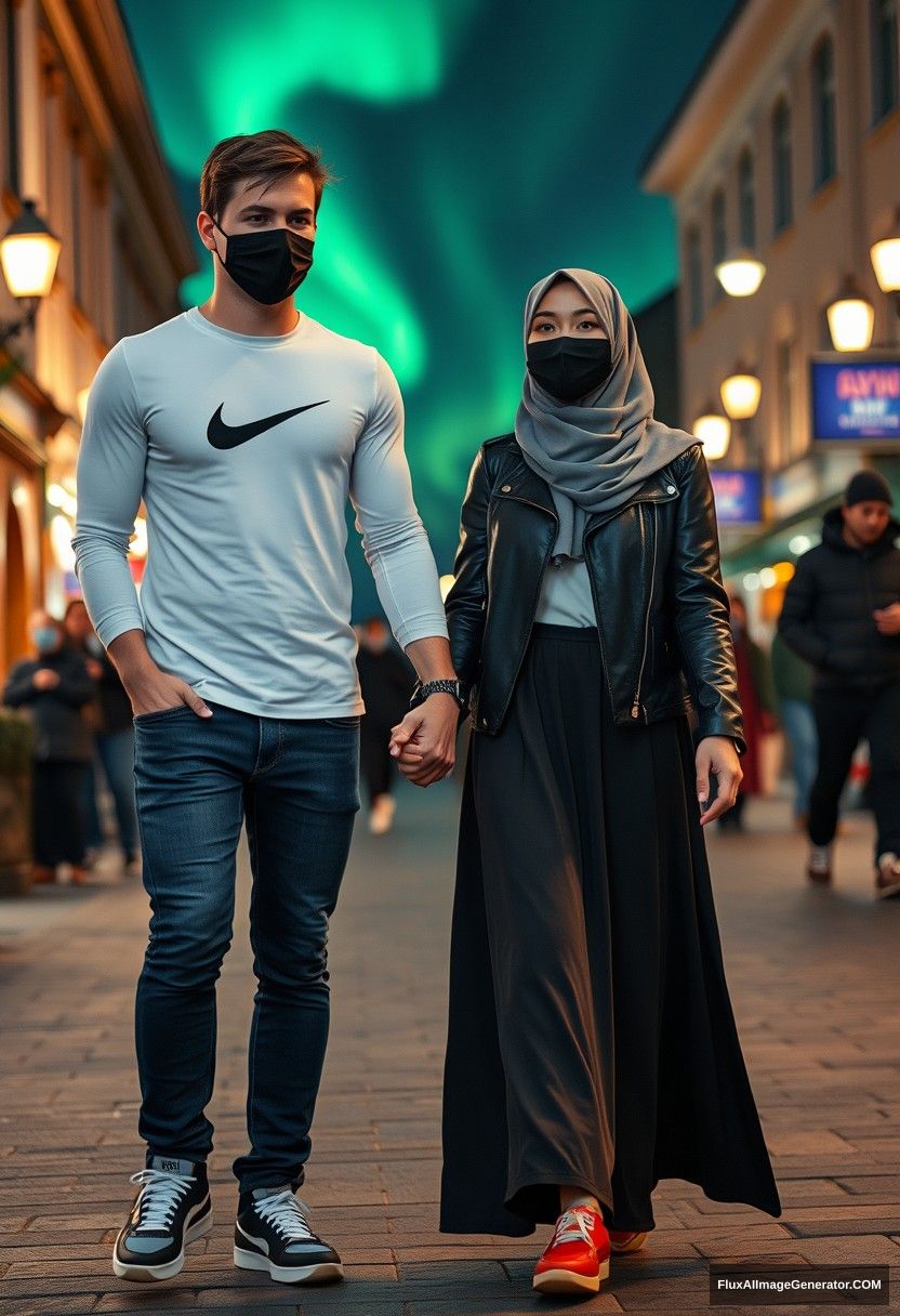 Jamie Dornan, tall and handsome, wearing a black face mask, a long sleeve white Nike t-shirt, jeans, and sneakers, 

on a romantic date with a grey hijab-wearing Muslim girl with beautiful eyes, also wearing a black face mask, a leather jacket, and a very long and large skirt, not a tall girl, with red sneakers, 

holding hands and walking together in town, photorealistic street photography, full photography, selfie photos, night scenery, aurora.