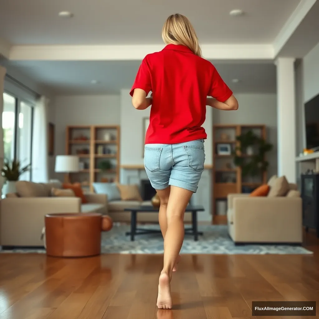 Back view of a slim blonde woman in her large living room, wearing a massively oversized red polo t-shirt that is very off-balance on one shoulder and oversized light blue denim shorts that aren't rolled up. She is barefoot and faces the camera while getting off her chair and running towards it. - Image