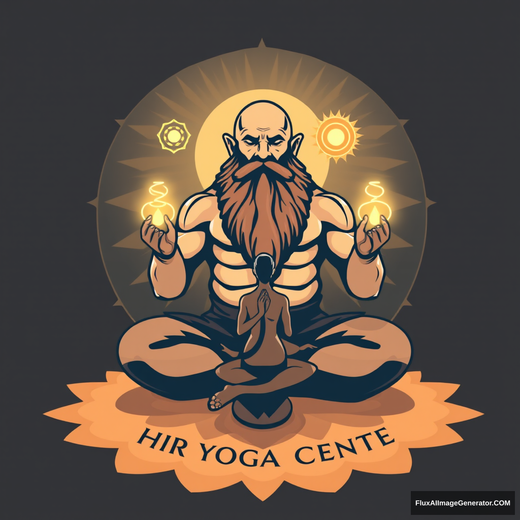 Tahir Yoga Center logo: a muscular large bald dwarf with a beard in the lotus position exchanges energies from chakras to chakras with a woman.