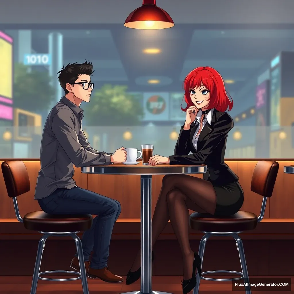 High quality Anime style. A woman and a man are sitting at a table in a bar, having a coffee. The woman has red hair, with a devious grin on her face, wearing business attire, black pantyhose, and open-toe high heels. She looks at the man with superiority. The man is a 20-year-old, wearing glasses, jeans, and a shirt. Shot from the side, from a distance, so all their figures are shown. The woman is looking at the man. The table has one leg in the middle, metallic. The woman and the man are sitting on opposite sides, facing each other. Photorealistic. Cinematic. - Image