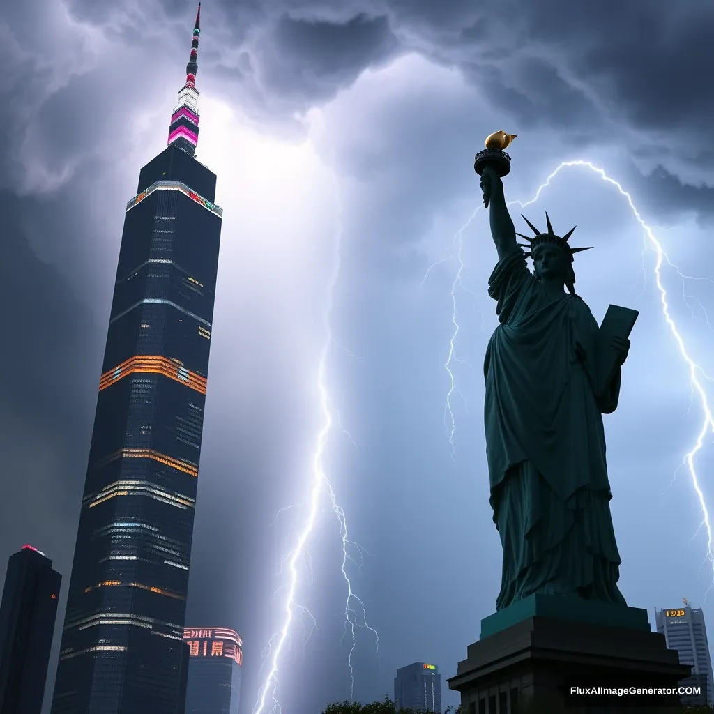 Taipei 101 and the Statue of Liberty are placed together, facing a tornado, with lightning and thunder, in a cyberpunk style, as one side of the 101 building is illuminated by lightning.