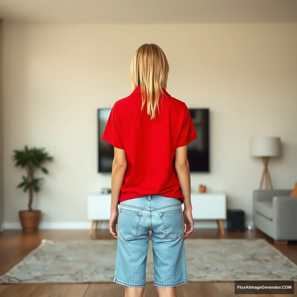 Front view of a young blonde skinny woman who is in her early twenties in her massive living room, wearing a massively oversized red polo t-shirt that is slightly off balance on one shoulder. The bottom part of her t-shirt is tucked in, and she is wearing light blue denim shorts, with no shoes or socks. She faces her TV, standing there with both arms straight down.