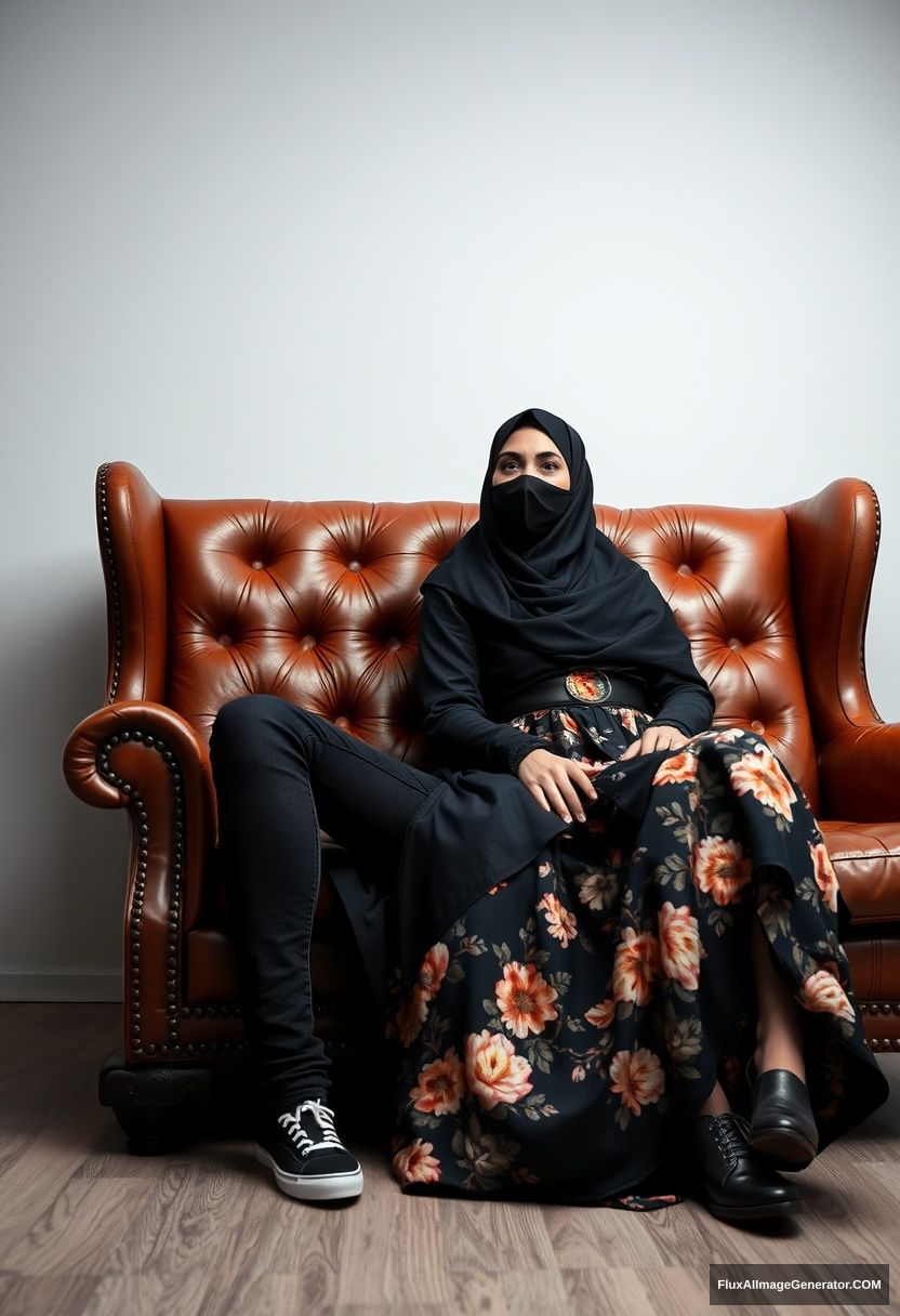 A biggest black hijab burqa girl, beautiful eyes, black leather jacket, biggest floral long dress, black leather sneaker, sitting on leather single wing sofa, Jamie Dornan, black shirt, jeans, black leather sneaker, tall man, face mask black, fit body, standing near her, hyper realistic, studio photography. - Image