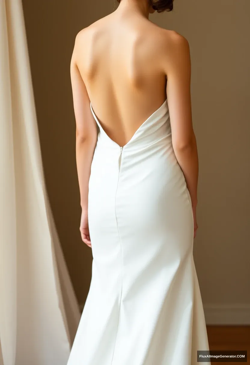 A short young woman, sensitive, delicate, backless strapless side-less low-waisted contouring wedding dress with a loose open back spilling open to the sides, that seems like it was intentionally left undone, in front of elder patriarchy, expectations, perfect posture. - Image