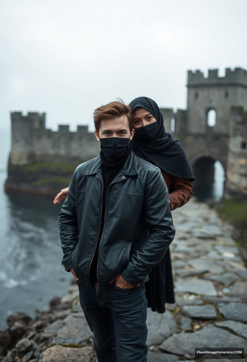 Jamie Dornan's head and body shot, handsome, youngest, black face mask, black leather jacket, jeans, dating, love with the biggest black hijab Muslim girl, not tall, beautiful eyes, face mask, maroon leather jacket, biggest black skirt, hyper-realistic, studio photography, full body photo, exploring at an abandoned castle, at sea, gloomy scenery.