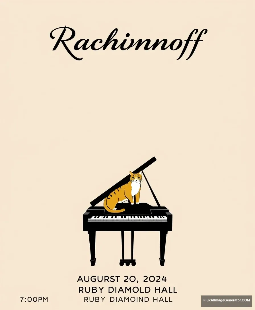 Title:  	“Rachmaninoff” displayed at the top center

Include the following texts on the bottom of the poster:
“August 20, 2024” 	
“7:00 PM” 	
“Ruby Diamond Hall” 	

Visual Elements:  A grand piano centered at the bottom of the poster with a cat playing piano in a Matisse style and minimal style. 