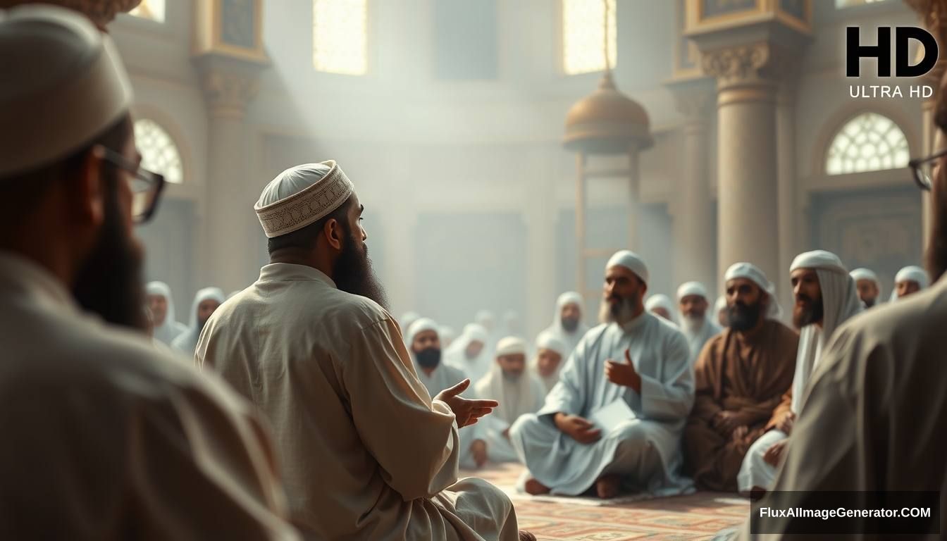 Prophet Muhammad (SAW) addressing his companions in a mosque, explaining the signs of Dajjal. The scene is filled with calm yet serious expressions, emphasizing the importance of the message. Ultra HD, realistic, respectful, with soft and cinematic lighting.