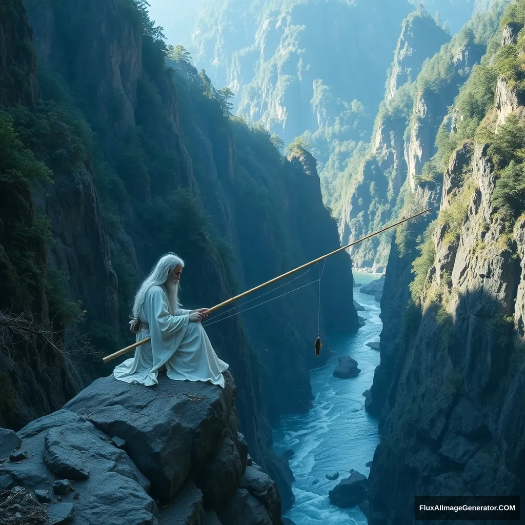 A spirit sits on a rock in a deep mountain canyon, using a bamboo fishing rod to catch river groupers, highlighting the depth of the canyon and the primitive forests on both sides.