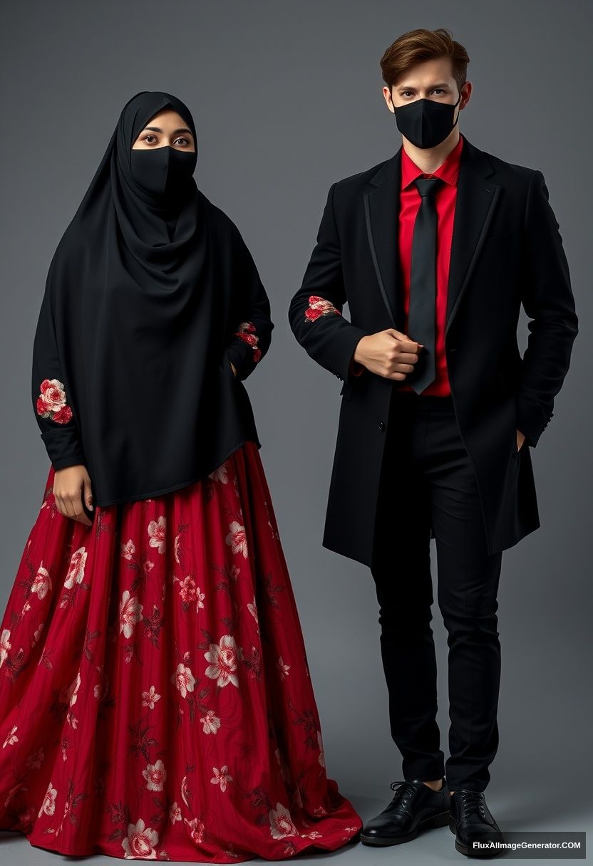 A biggest black hijab girl, beautiful eyes, black face mask, biggest red floral longest dress, not tall, standing, love holding his arm

Jamie Dornan, youngest, black suit coat, red shirt, black tie, black leather sneakers, tall man, black face mask, fit tough body, standing near her, love couple

hyper-realistic, studio photography, photorealistic. - Image