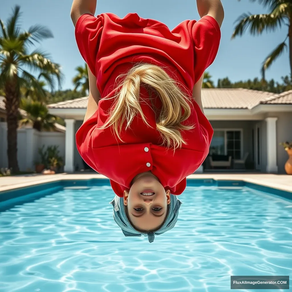 Front view of a young blonde skinny woman who has a good tan, is in her early twenties, and is in her massive backyard. She is wearing a massively oversized red polo t-shirt that is a bit off balance on one of the shoulders, and the bottom part of her t-shirt isn't tucked in. She is also wearing XL-sized light blue denim shorts and no shoes or socks. She jumps into the pool upside down, head first.