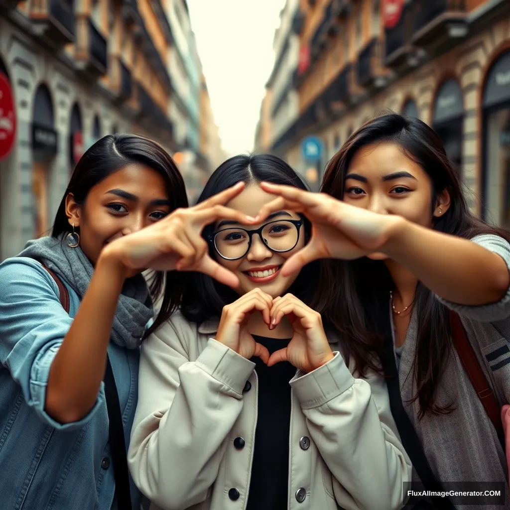 "A cinematic quality image of three girls on a street in Madrid looking at the camera with their hands forming a heart. One of them has African American features, another is Korean, and the other is Latina." - Image