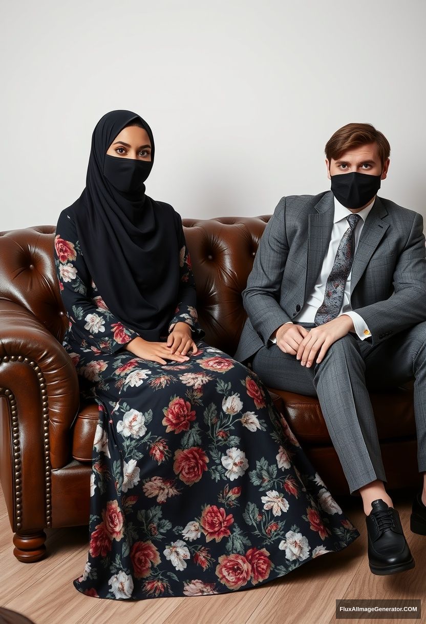 A biggest black hijab girl, slim girl, beautiful eyes, face mask black, biggest floral longest dress, sitting on leather single wing sofa, Jamie Dornan, youngest, grey suit coat, grey pattern tie, black leather sneaker, tall man, face mask black, fit body, sitting near her, hyper realistic, studio photography.