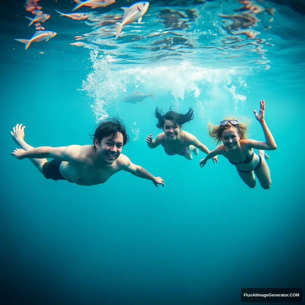 There are men and women swimming underwater, and there are some fish. - Image