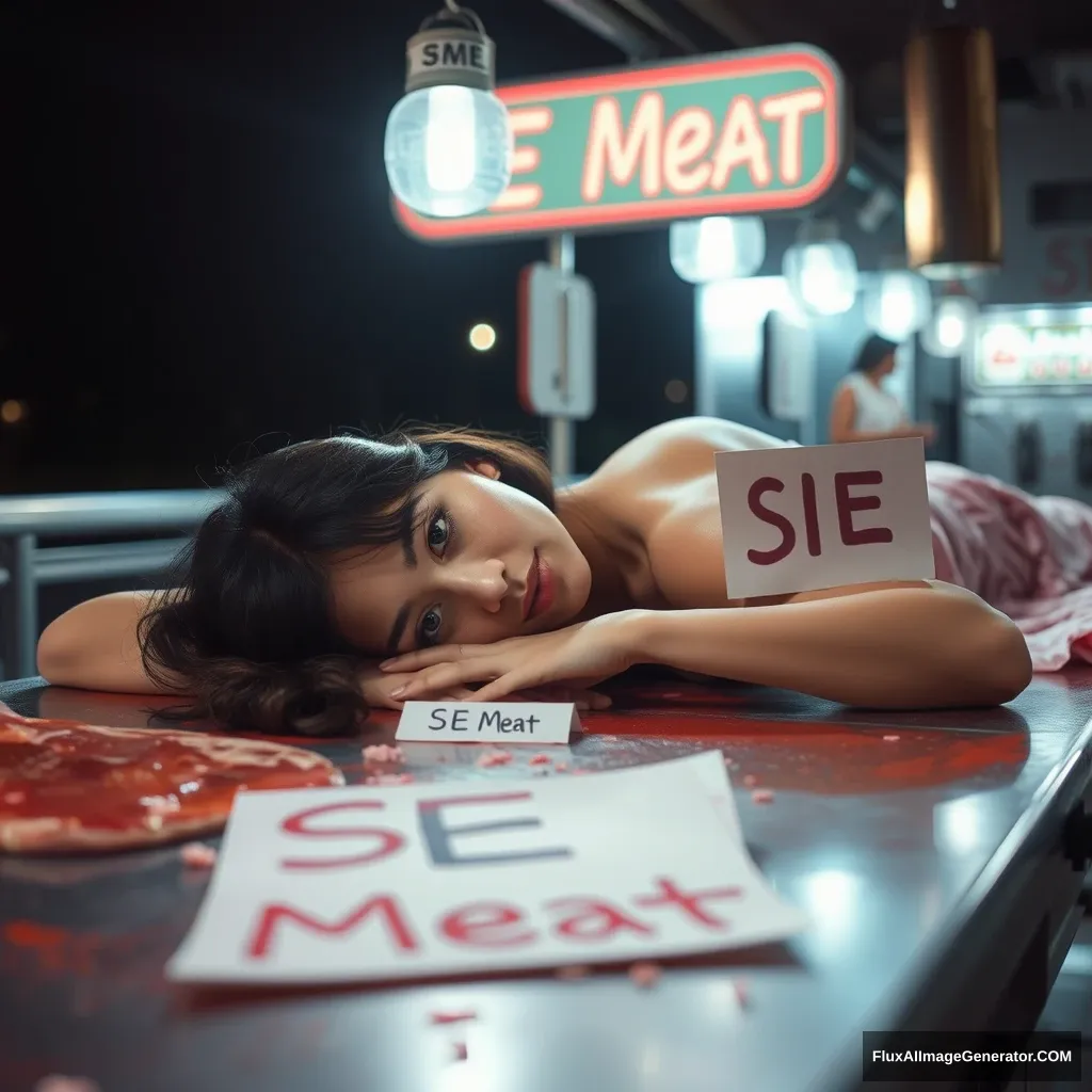 A woman lay on the butcher table, night, neo. The sign said: "SE Meat." - Image