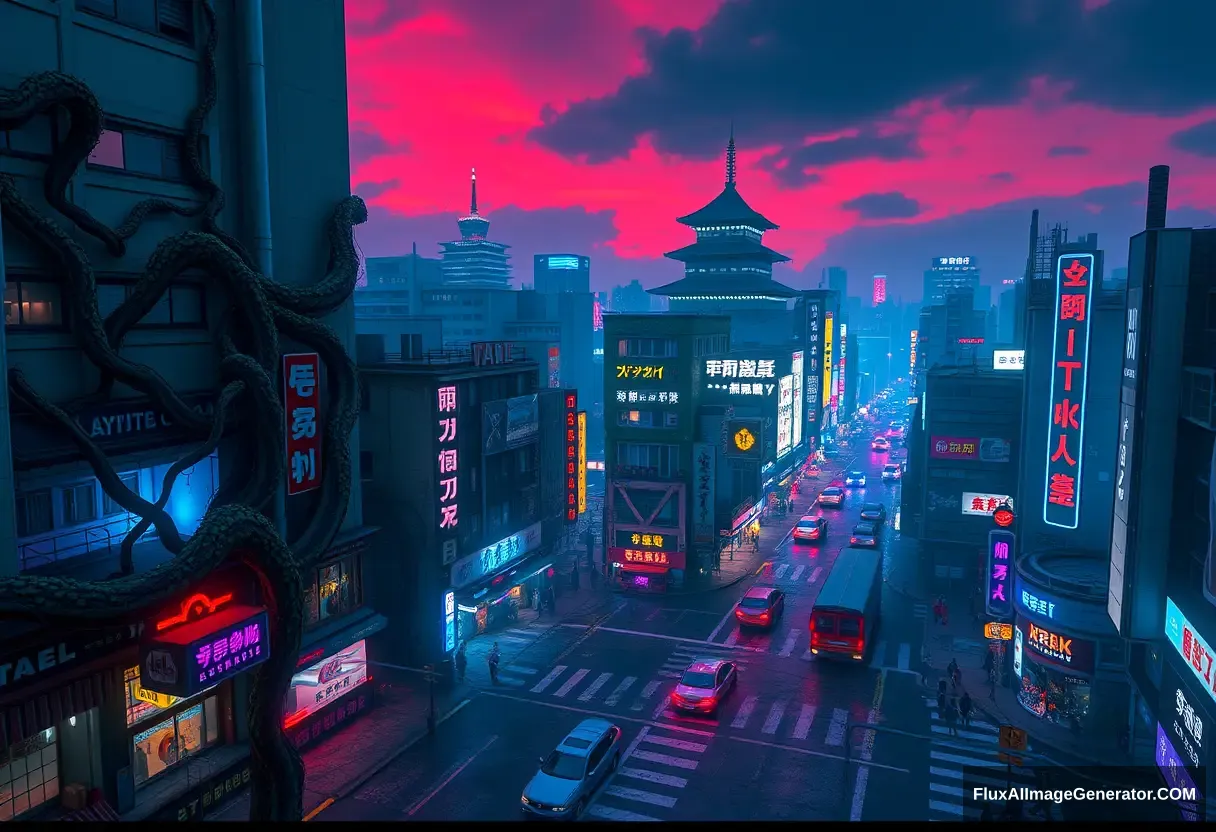 A Shibuya Scramble Crossing game concept design, nice and detailed, Cyberpunk style, Tokyo city night, aerial view, buildings are corrupted by many giant vines, abandoned cars and trucks, blue and purple neon lights, Japanese Edo Castle, sky is dyed red, Unreal Engine, PBR rendering, CG style. - Image