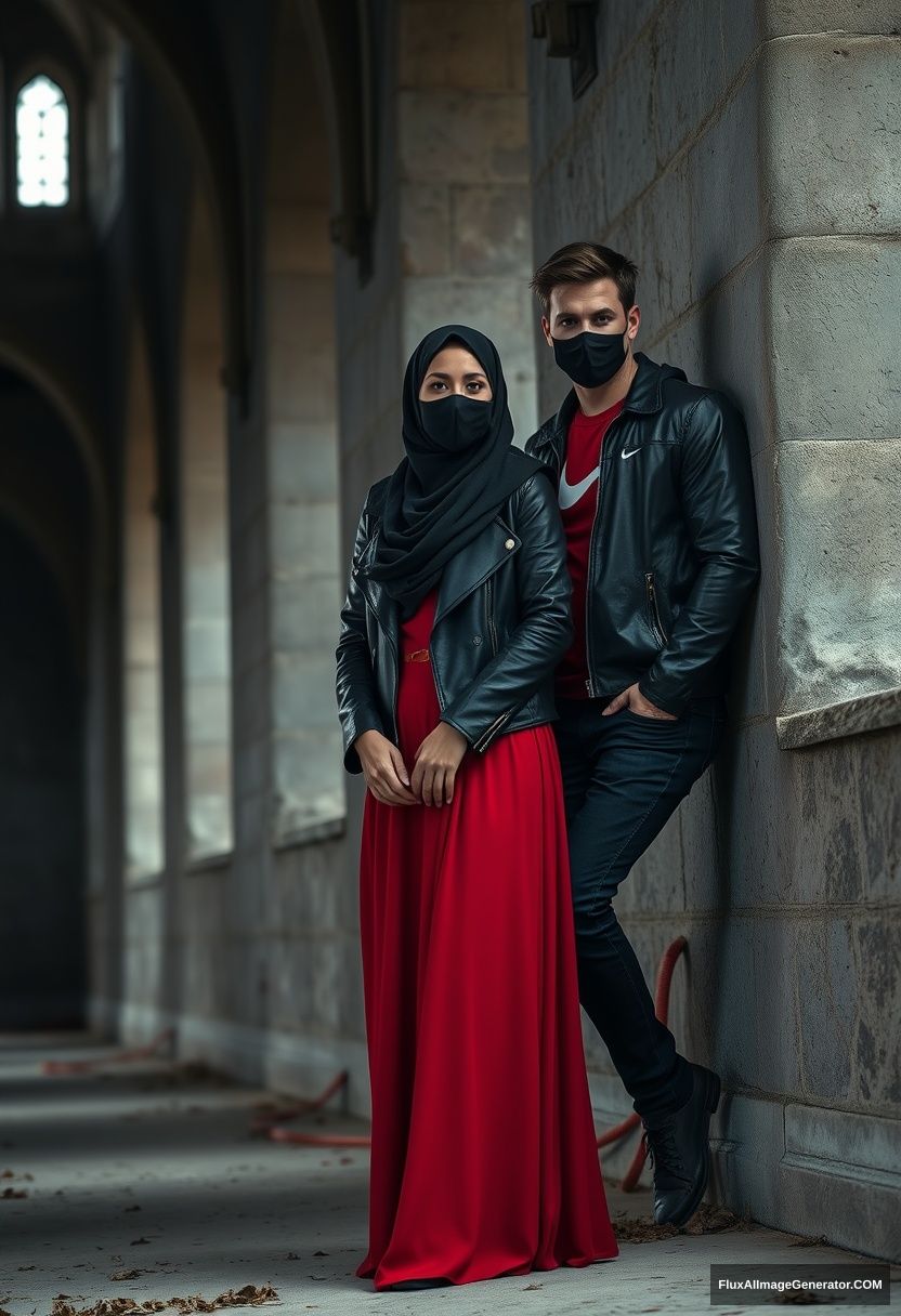 A biggest black hijab girl, beautiful eyes, face mask black, black leather jacket, biggest red longest dress, untall,

Jamie Dornan, handsome, face mask black, fit and tough body, Nike red t-shirt, black leather jacket, jeans, tall man, lean at wall together 

Hyper realistic, photorealistic, studio photography, Victoria's abandoned castle, gloomy.